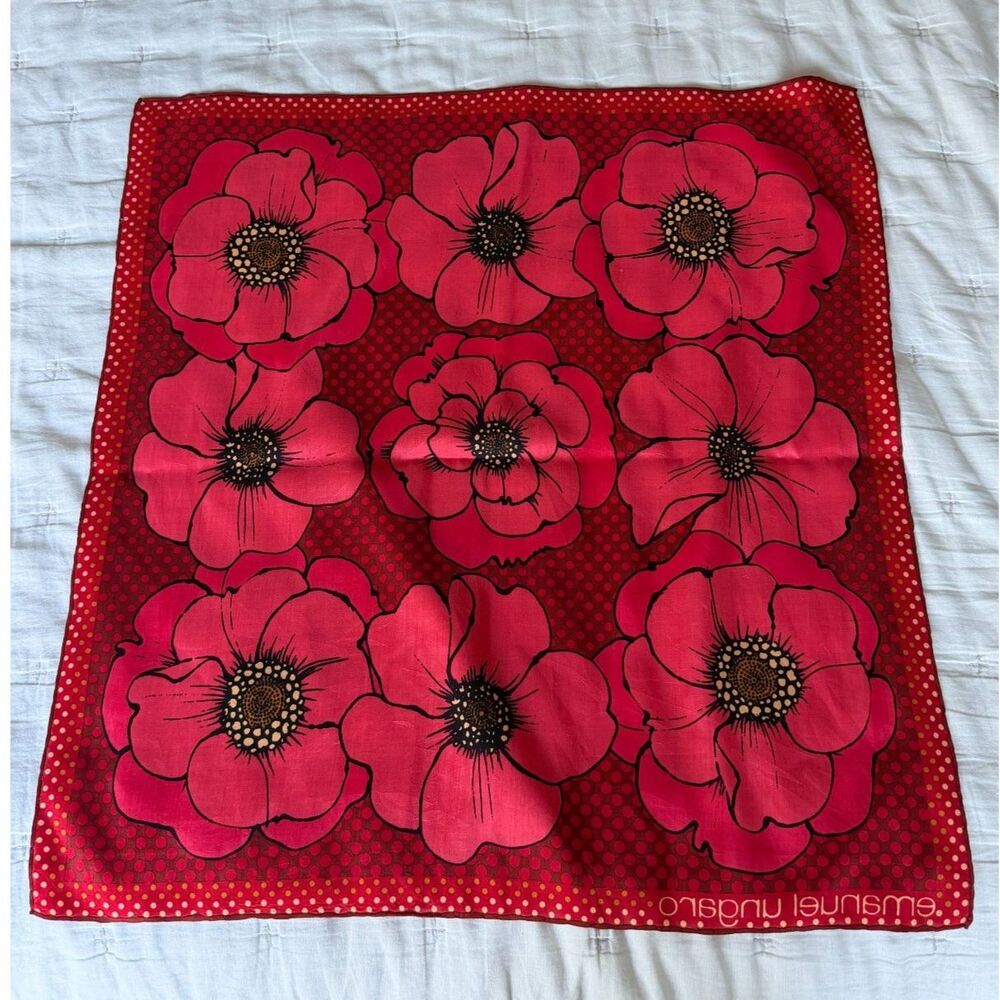 Emanuel Ungaro Square Scarf 23" Red Pink Poppy Floral Designer Vintage